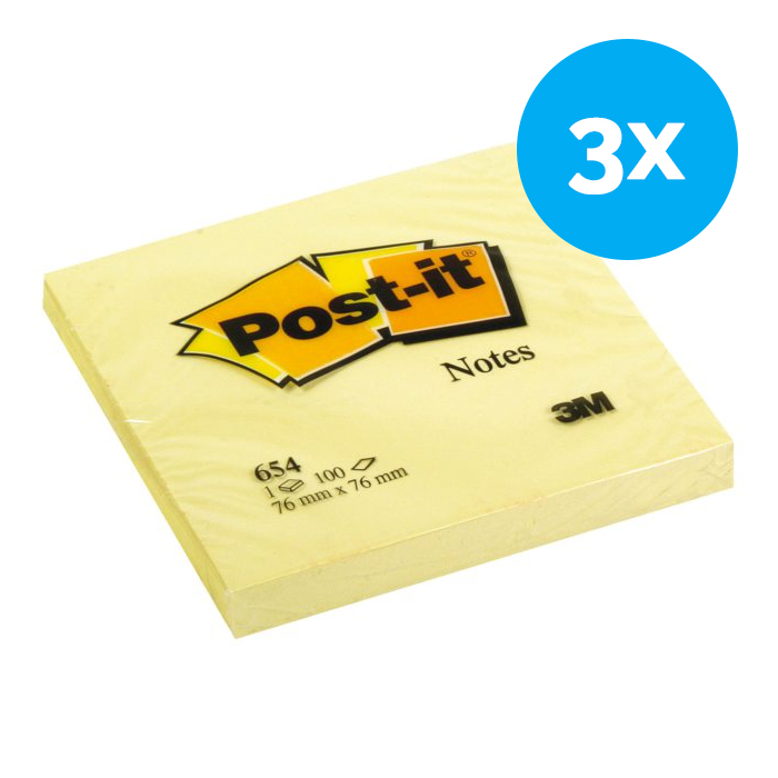 Memoblokje 3M Post-it - 76 x 76 mm geel  - 3 x 90 stuks