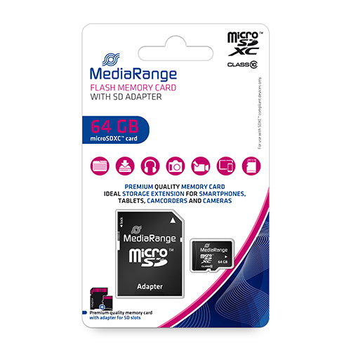 MicroSDXC geheugenkaart - 64GB Class 10 + SD Adapter (MediaRange)