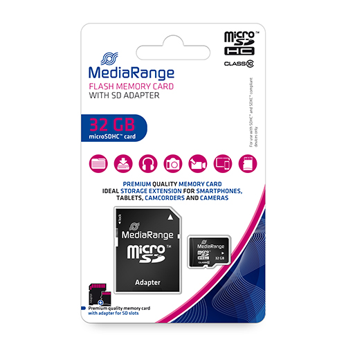 MicroSDHC geheugenkaart - 32GB Class 10 + SD Adapter (MediaRange)