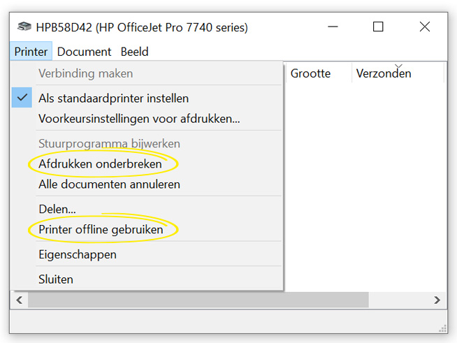 'Afdrukken onderbreken' en 'Printer offline gebruiken' moeten uitgevinkt staan Afdrukken onderbreken en Printer offline gebruiken uit zetten