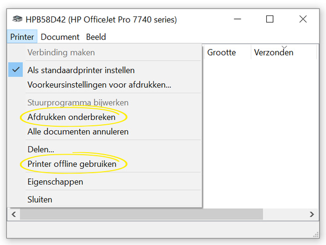 Afdrukken onderbreken en Printer offline gebruiken uit zetten