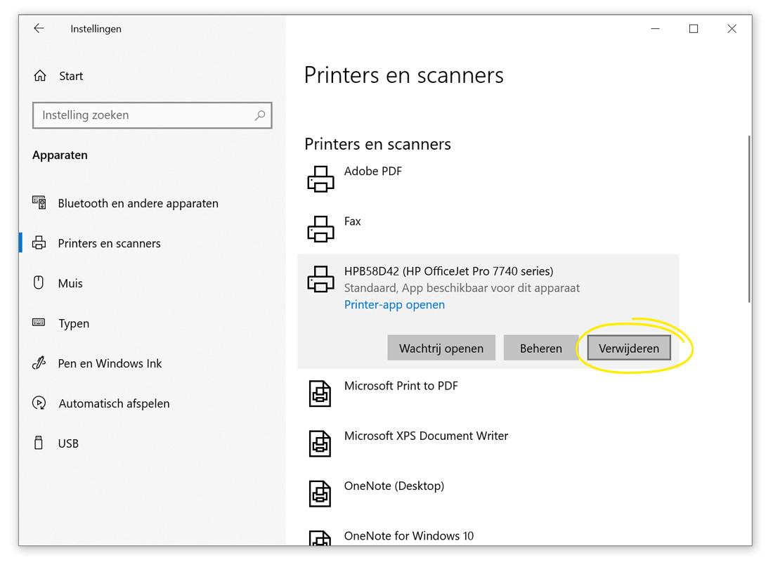 Printer verwijderen van pc De printer van uw apparaat verwijderen