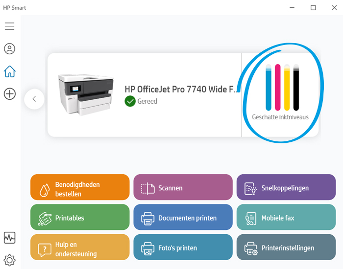 Het inktniveau van de cartridges weergegeven in de HP Smart app