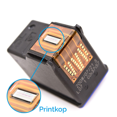 Hier is cartridge met daarop een printkop te zien Een cartridge met daarop een printkop
