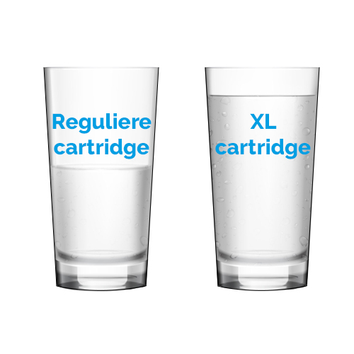 Hier ziet u een vergelijking van XL cartridges met glazen water Metafoor voor XL cartridges en normale cartridges